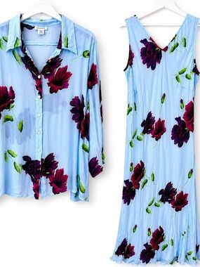 Avenue 22/24 Blue Floral Maxi Dress & Matching Sheer Blouse 2 Pc Set Plus Size